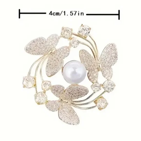 NEW Butterfly Rhinestone Pearl Brooch Pin - Picture 4 of 7